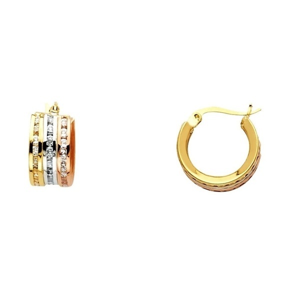 CZ Round Hoop Earrings 14k Yellow White Rose Gold